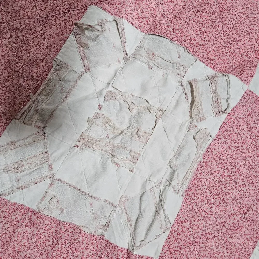Vtg Hand pieced patchwork quilt 80X80 Chimney sweep design damage stains READ